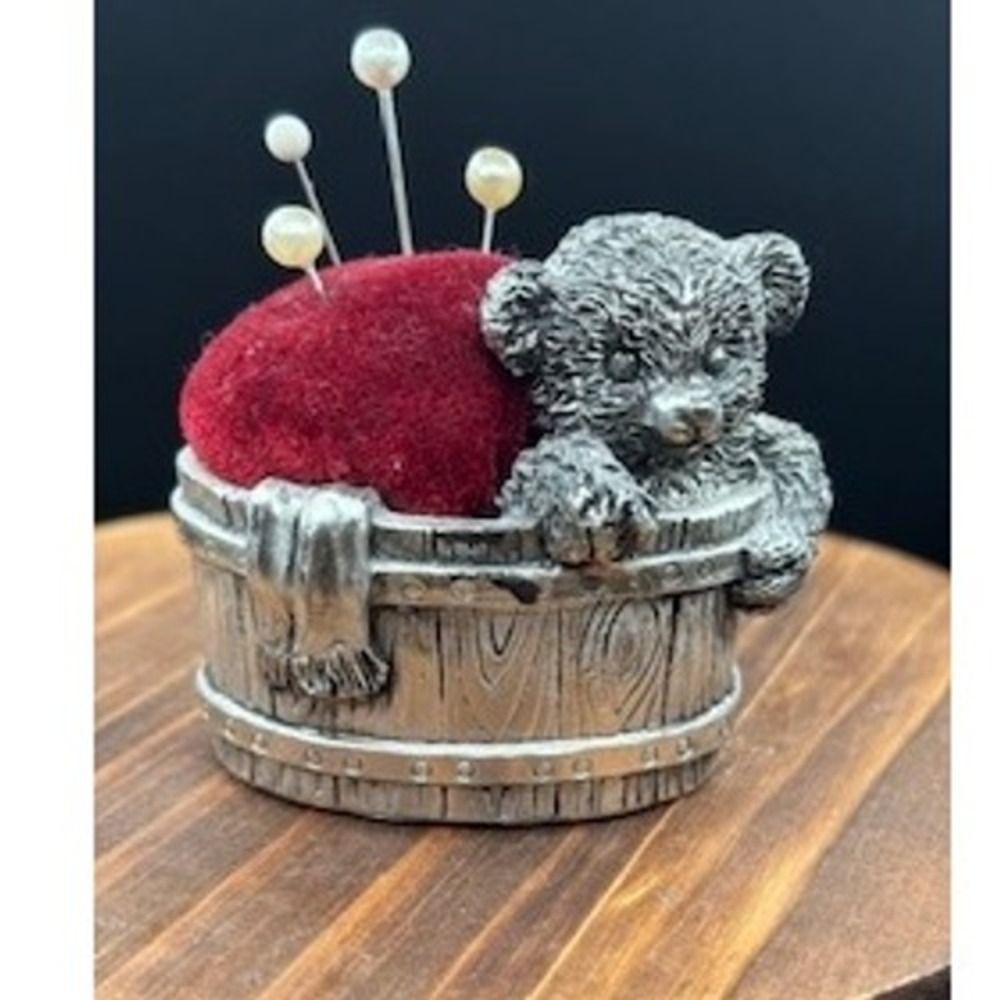 Rare Teddy Bear‎ Pincushion Pewter With Red Velvet Pillow in Barrel OOAK